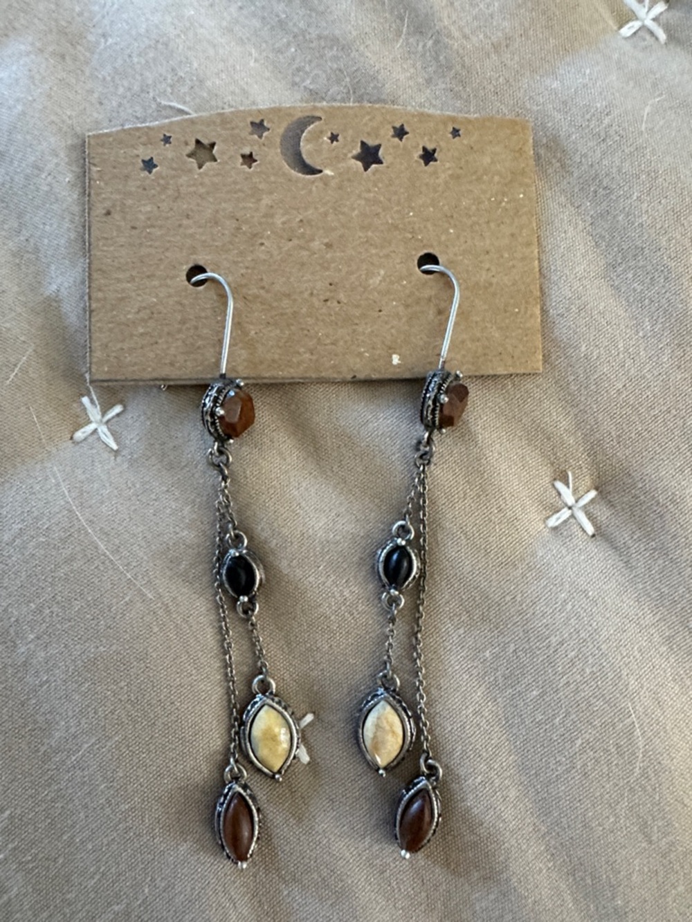 Delicate Multi-Stone Dangle Earrings - Brown, Black & Cream